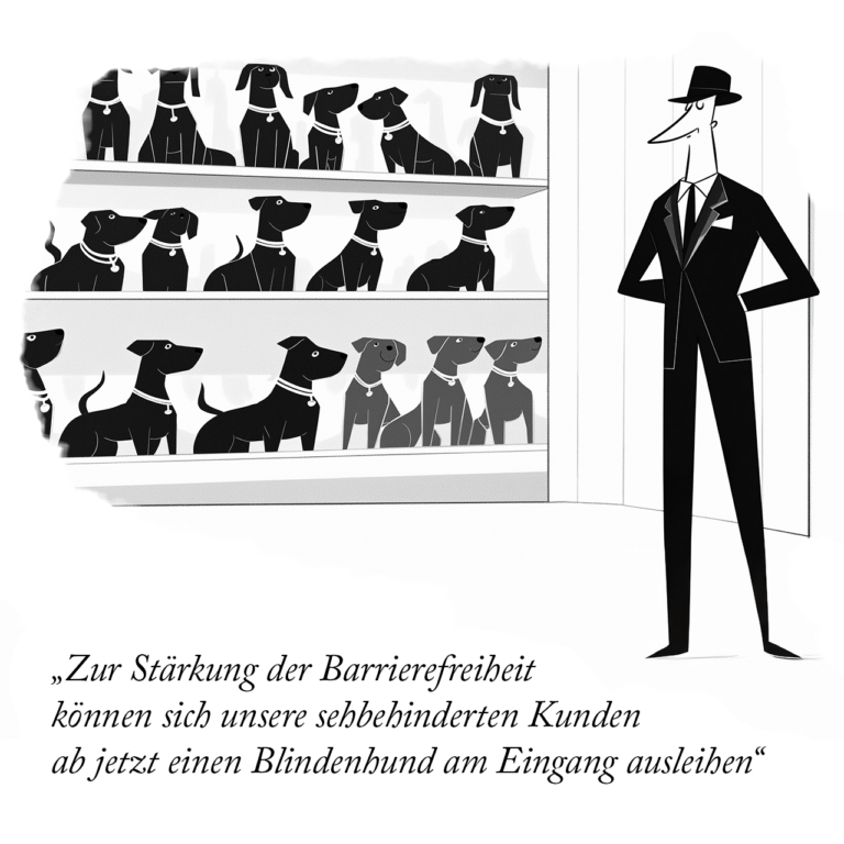 Satirischer Cartoon: Ein Mann steht vor einem Regal voller Blindenhunde. Er sagt: „Zur Stärkung der Barrierefreiheit können Sich unsere sehbehinderten Kunden ab jetzt einen Blindenhund am Eingang ausleihen“